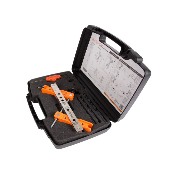Tool case with drilling jig for surface mounted locks and corresponding keeps