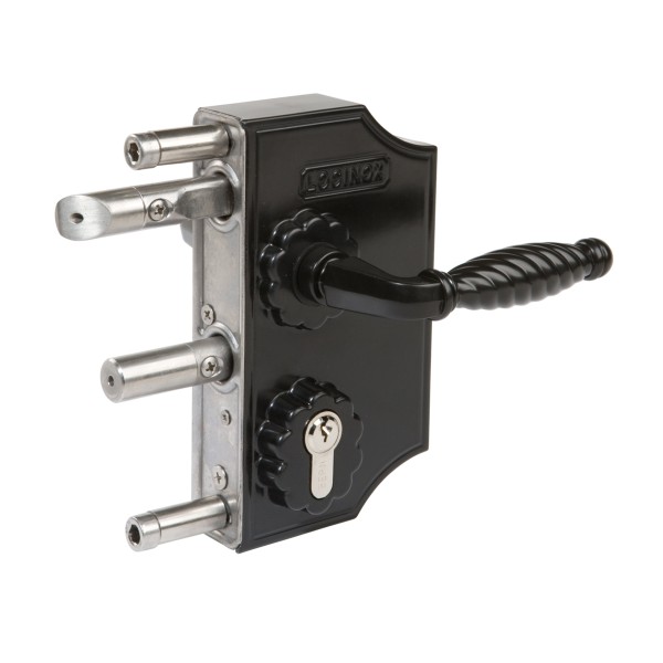 Surface mounted gate lock for flat 3/8" profiles in RAL 9010, 3006M - Aluminum handle pair & Cylinder: VSZ - Keyed to differ