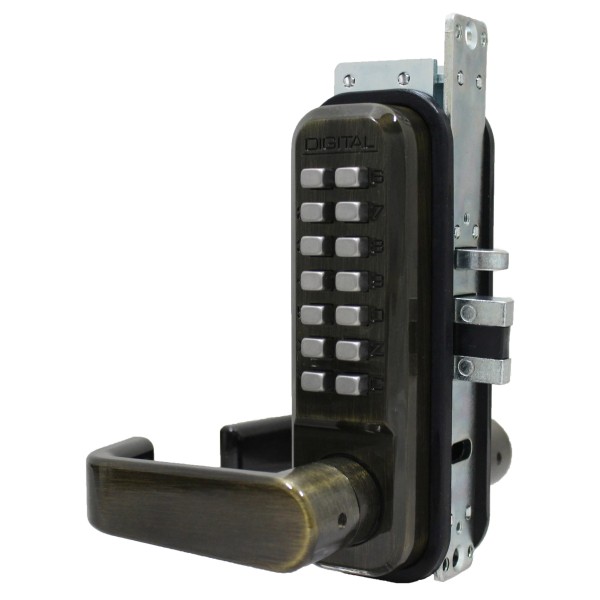 Lockey 2985 Series Mechanical Keyless Narrow Stile Lever-Handle Lock With Passage Function (Antique Brass, Single Combination) - 2985-AB-SC
