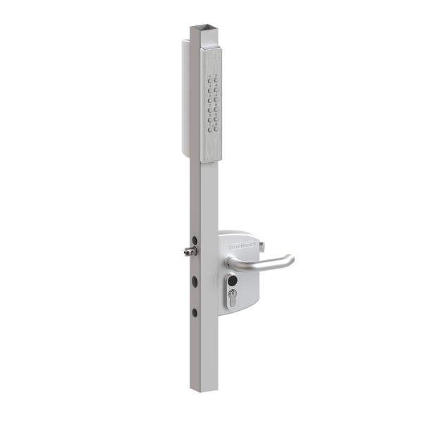 VOLTA - Surface mounted lock with external battery powered keypad for Square 2-1/2" to 3" profiles. Lockbox: silver, Keypad: single sided & Silver, Handles: 3006PUSH and aluminium half handle (3006D-2), Cylinder: VCA - Keyed to differ