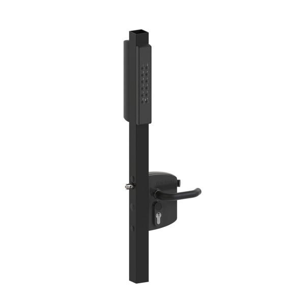 VOLTA - Surface mounted lock with external battery powered keypad for Square 2-1/2" to 3" profiles. Lockbox: RAL 9005, Keypad: double sided & Black, Handles: 3006B - Black anodised aluminum, Cylinder: VCA - Keyed to differ