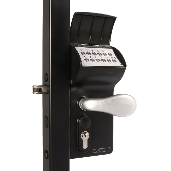 VALENTINO - Surface mounted battery powered code lock for Square 1-1/2" to 2-1/2" profiles in 9005 with 3006C - Aluminium handle pair & VCA - Keyed to differ