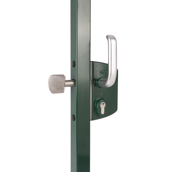 Surface mounted sliding gate lock for Square 2-1/2" profiles in RAL 9005 with 3006S - Reinforced aluminum handle pair & Cylinder: VSZ - Keyed to differ