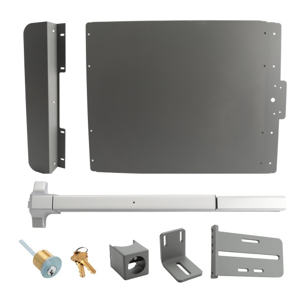 Lockey ED51S Edge Panic Shield Safety Kit (Silver) - Shield, Panic Bar, Strike Bracket, Key Box, Key Cylinder, Latch Protector, Jamb Stop (Panic Exit Hardware)