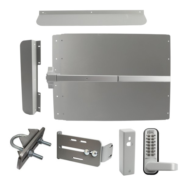 Lockey ED61SLM Edge Panic Shield Security Kit (Silver) - Shield, Panic Bar, Strike Bracket, Gate Box, Panic Trim, Latch Protector, Jamb Stop, Max Guard