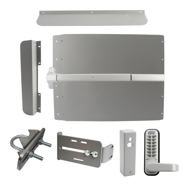 Lockey ED61SM Edge Panic Shield Security Kit (Silver) - Shield, Panic Bar, Strike Bracket, Gate Box, Panic Trim, Latch Protector, Jamb Stop, Max Guard