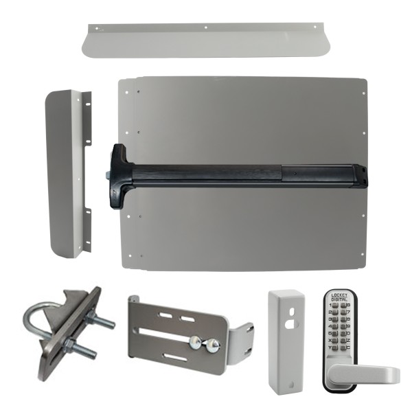 Lockey ED62S7 Edge Panic Shield Security Kit (Silver) - Shield, Panic Bar, Strike Bracket, Gate Box, Panic Trim, Latch Protector, Jamb Stop, Max Guard