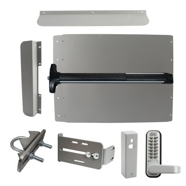 Lockey ED62SL Edge Panic Shield Security Kit (Silver) - Shield, Panic Bar, Strike Bracket, Gate Box, Panic Trim, Latch Protector, Jamb Stop, Max Guard