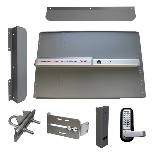 Lockey ED65SL Edge Panic Shield Security Kit (Silver) - Shield, Panic Bar, Strike Bracket, Gate Box, Panic Trim, Latch Protector, Jamb Stop, Max Guard