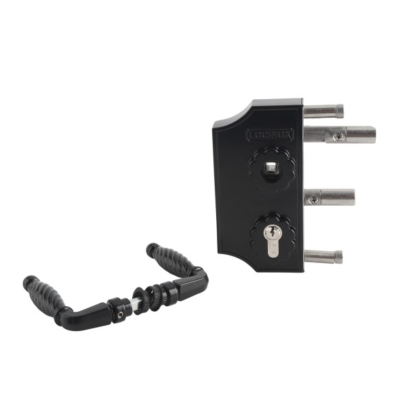 Locinox Small Surface-Mounted Ornamental Gate Lock with Zamac Handle Set for 1-1/2" to 2" Square Profiles (RAL 9005 Jet Black) - LAKY40F2LVCAFA-9005