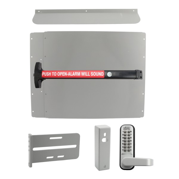 Lockey PS63SW7 Panic Shield Security Kit (Silver) - Shield, Black Panic Bar, Strike Bracket, Gate Box, Panic Trim, Max Guard