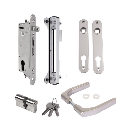 Set with FIFTYLOCK & handle: 3006B-H & Cylinder: 3012-70-STD-VSZ & Covershield: 3020-HYB-ALU-9005 with SFKU-40-9005 keep, PUMA hinge & B-SAFE security cable