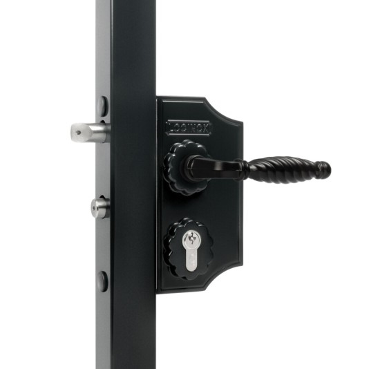 Small surface mounted ornamental gate lock for Square 1-1/4" to 1-1/2" profiles in RAL 9010 with 3006FA - Zamac handle pair & Cylinder: VCA - Keyed to differ