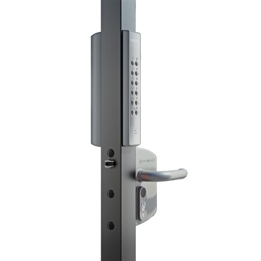 VOLTA - Surface mounted lock with external battery powered keypad for Square 2-1/2" to 3" profiles. Lockbox: RAL 7016, Keypad: single sided & Black, Handles: Black handle (3006B) and black round knob (3006RB), Cylinder: VCA - Keyed to differ