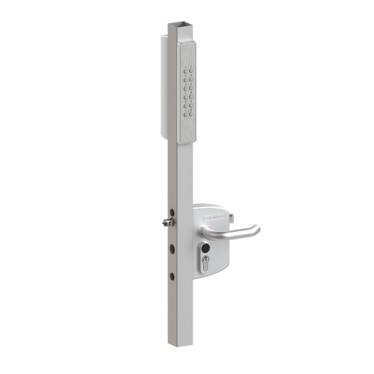 VOLTA - Surface mounted lock with external battery powered keypad for Square 1-1/2" to 2-1/2" profiles. Lockbox: silver, Keypad: single sided & Silver, Handles: Aluminium handle (3006D) and round handle (3006R), Cylinder: VCA - Keyed to differ
