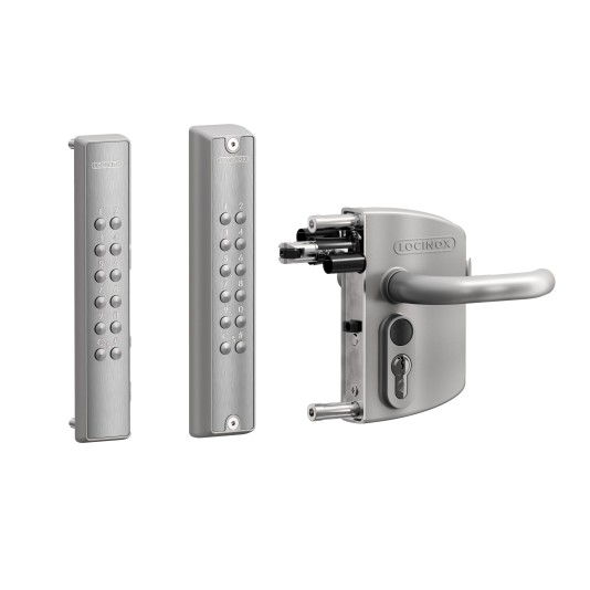 VOLTA - Surface mounted lock with external battery powered keypad for Square 2-1/2" to 3" profiles. Lockbox: silver, Keypad: double sided & Silver, Handles: 3006D - Aluminium handle pair, Cylinder: VCA - Keyed to differ