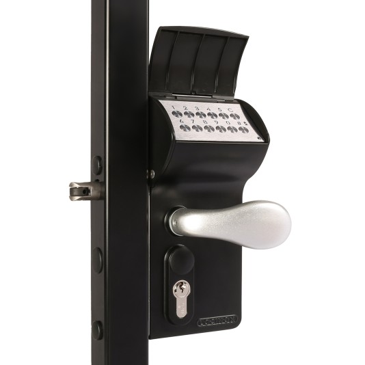 VALENTINO - Surface mounted battery powered code lock for Square 1-1/2" to 2-1/2" profiles in 9005 with 3006CR - Aluminum handles (Free Exit) & VCA - Keyed to differ