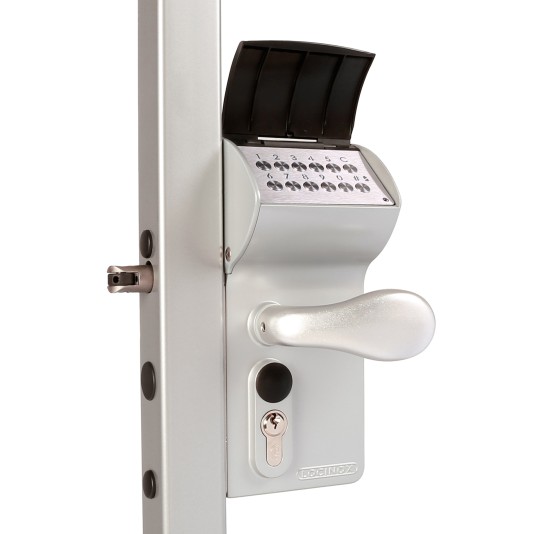 VALENTINO - Surface mounted battery powered code lock for Square 1-1/2" to 2-1/2" profiles in SILV with 3006C - Aluminium handle pair & VCA - Keyed to differ