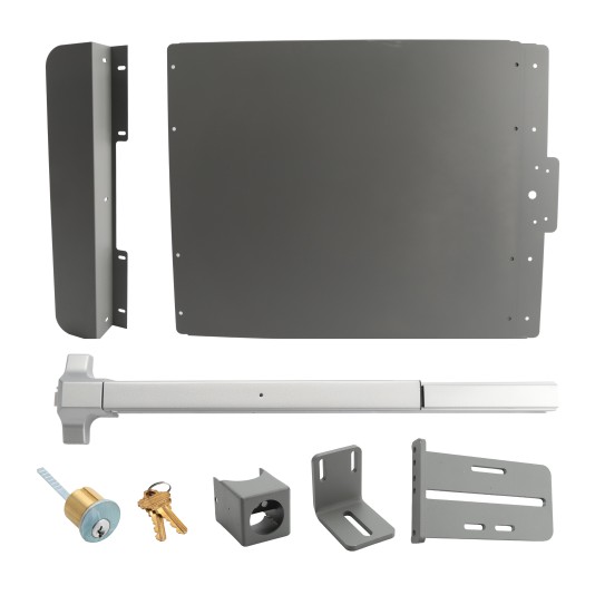 Lockey ED51S Edge Panic Shield Safety Kit (Silver) - Shield, Panic Bar, Strike Bracket, Key Box, Key Cylinder, Latch Protector, Jamb Stop (Panic Exit Hardware)