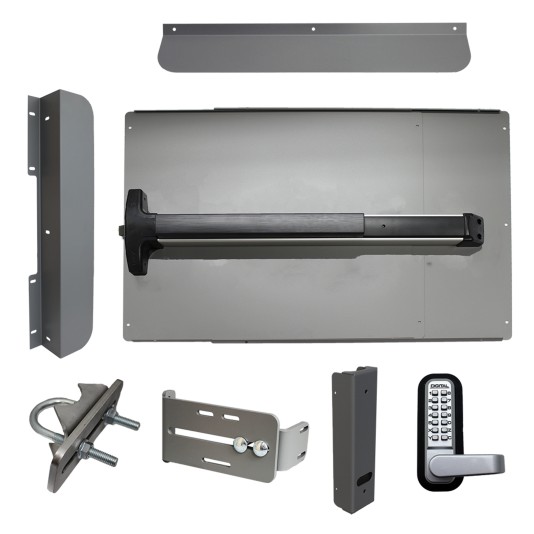 Lockey ED62SL7 Edge Panic Shield Security Kit (Silver) - Shield, Panic Bar, Strike Bracket, Gate Box, Panic Trim, Latch Protector, Jamb Stop, Max Guard
