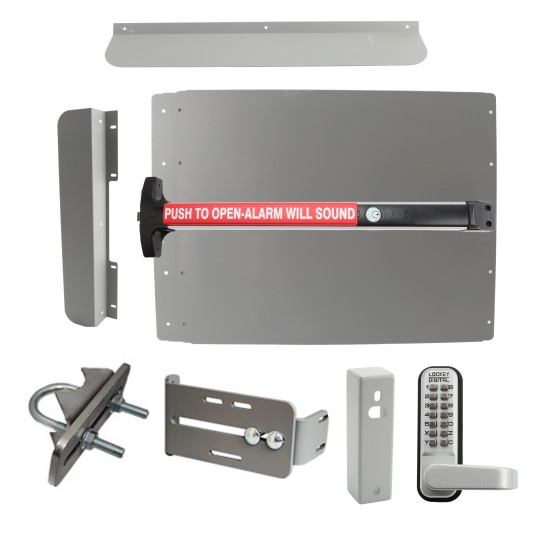 Lockey ED63SLW Edge Panic Shield Security Kit (Silver) - Shield, Panic Bar, Strike Bracket, Gate Box, Panic Trim, Latch Protector, Jamb Stop, Max Guard