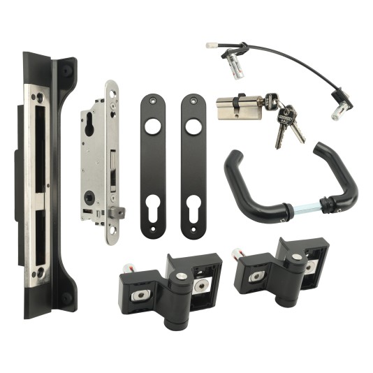 Set with FIFTYLOCK & handle: 3006B-H & Cylinder: 3012-70-STD-VSZ & Covershield: 3020-HYB-ALU-9005 with SFKU-40-9005 keep, PUMA hinge & B-SAFE security cable