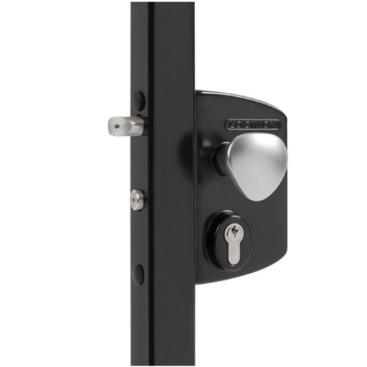 Locinox Surface-Mount Electric Fail Open Gate Lock for 1-1/4" to 2" Profiles with Aluminum Round Knob (RAL 9005 Jet Black, Keyed Different) - LEKQ30U2LVSZR-9005