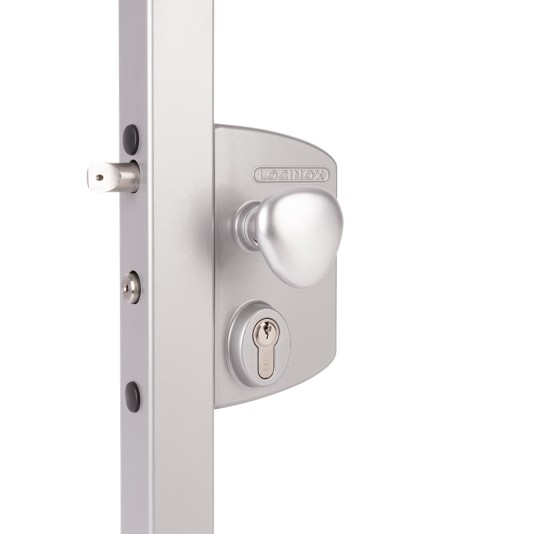 Locinox Surface-Mount Electric Fail Close Gate Lock for 2-1/2" to 3" Profiles with Aluminum Round Knob (Silver, Keyed Different) - LIKQ60U2LVSZR-SILV