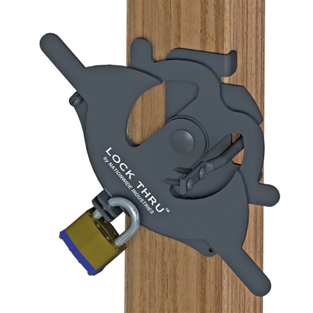 Nationwide Industries Lock Thru Gate Latch with padlock on wood gate