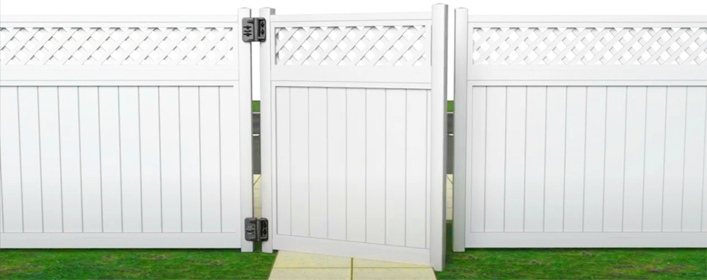 Nationwide Industries Gate Hinge on white vinyl fence